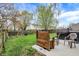 Private backyard oasis with lush green grass, mature trees, and a relaxing hot tub at 2180 Olympia Dr, Franklin, IN 46131