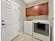 Laundry room with cabinetry and a modern washer and dryer at 943 Foxglove St, Lebanon, IN 46052