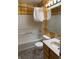 Bathroom featuring a tub and shower combo, toilet, and vanity against orange plaid wallpaper at 10072 Graceful Landing Dr, Indianapolis, IN 46234