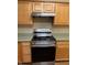 Modern stainless steel oven beneath light wood cabinets and dark countertops provide sleek design elements at 10072 Graceful Landing Dr, Indianapolis, IN 46234