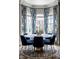 Dining room features a round table, blue velvet chairs, bay window and patterned drapes at 12897 Queens Troop, Carmel, IN 46032