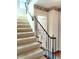 Carpeted stairway with black iron railing, decorative wallpaper border, and view into the adjacent bathroom at 6105 E St Joseph St, Indianapolis, IN 46219