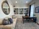 Bright office features built-in shelves, sofa, rug, and dark wood desk at 12652 Meeting House Rd, Carmel, IN 46032