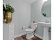 Charming powder room with modern fixtures, a decorative vanity, and elegant wall decor at 13783 Tender Dr, Carmel, IN 46032
