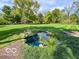 Backyard view of a pond surrounded by lush greenery in a large lawn with mature trees at 1402 Hornaday Rd, Brownsburg, IN 46112