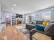 Bright living room featuring hardwood floors, a fireplace, and large windows at 1683 Sweetwater Ln, Greenfield, IN 46140