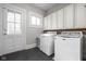 Bright laundry room with white cabinetry, dark tile flooring, and modern washer and dryer at 3447 Washington Blvd, Indianapolis, IN 46205