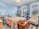 A blue bedroom with an accent chair, shelving, and a bright, colorful quilt at 4993 Silverbell Dr, Plainfield, IN 46168