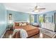 Cozy bedroom featuring light blue walls, a ceiling fan, and two windows for natural light at 7138 Avalon Trail Ct, Indianapolis, IN 46250
