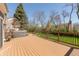 A large back deck overlooks a well-manicured lawn and features a hot tub and plenty of room for outdoor furniture at 8259 Plumwood Ln, Indianapolis, IN 46256