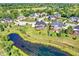 Aerial view showcasing homes with green lawns and a scenic pond at 3715 Kendall Wood Dr, Carmel, IN 46032
