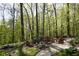 Landscaped backyard with mature trees and fire pit area at 649 E Country Ln, Martinsville, IN 46151