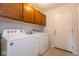 Functional laundry room with modern washer and dryer units, overhead cabinets, and an exterior door for convenience at 8737 Champions Dr, Indianapolis, IN 46256