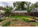 Lush backyard featuring a patio with seating, a fire pit, and well-manicured garden beds at 902 Villa Ave, Indianapolis, IN 46203