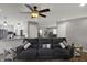 Cozy living room offers a view into the kitchen with comfortable seating and stylish lighting at 3940 E 600 N, Columbus, IN 47203