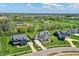 Wide aerial shot shows the arrangement of residences within the community, enhanced by surrounding foliage and open fields at 5130 Melbourne Pl, Zionsville, IN 46077