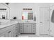 Elegant bathroom with double sinks, modern fixtures, gray cabinetry, and ample counter space, exuding a clean and sophisticated ambiance at 634 N Senate Ave, Indianapolis, IN 46202