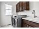 Functional laundry room with modern washer and dryer, cabinetry, sink, and ample counter space for efficient chores at 15679 Woodford Dr, Westfield, IN 46074