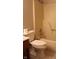 Bathroom with toilet and shower with plastic or fiberglass surround at 1915 Barbie Ct, Franklin, IN 46131