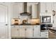 Close-up of a kitchen with white cabinets, tile backsplash, and stainless steel range hood at 3849 Sun Valley Dr, Westfield, IN 46074
