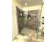 Modern shower features clear glass, decorative tiling, and built-in storage shelves at 9454 Tanhurst Dr, Indianapolis, IN 46250