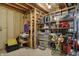 Unfinished basement area with shelving and storage containers, offering ample space for organizing belongings at 13225 Snow Owl Dr, Carmel, IN 46033