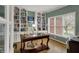 Stylish office with built-in bookshelves, a large window, and a professional workspace at 13225 Snow Owl Dr, Carmel, IN 46033