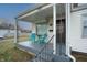 Front porch featuring a black front door, iron railing, and two turquoise chairs at 1957 N Colorado Ave, Indianapolis, IN 46218
