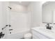 This bathroom features a white vanity, black hardware, and a shower/tub combo at 14532 Hanford Ln, Carmel, IN 46074