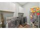 Efficient laundry area with a front-load washer, dryer, storage cabinets, and shelving at 1972 Mobley Dr, Westfield, IN 46074