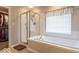 This bathroom features a soaking tub with a shower, window, and neutral walls at 6272 Turnbridge Dr, Avon, IN 46123