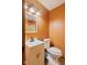 Cozy bathroom featuring orange walls, decorative mirror, and a modern white vanity with storage at 6351 Dixon Rd, Columbus, IN 47201