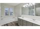 Bright bathroom featuring double sink vanity, tub, and large window at 11117 Harriston Dr, Fishers, IN 46037