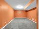 Unfinished basement space featuring plush carpet and an orange accent wall at 11124 Deer Valley Dr, Indianapolis, IN 46229