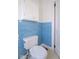 Bathroom with blue tiled walls and white toilet at 12125 Broadway St, Indianapolis, IN 46236