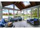 Bright sunroom with skylights, tile floor, and wicker furniture overlooking the water at 12535 Glendurgan Dr, Carmel, IN 46032