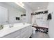 Bathroom features a double sink vanity with drawers, and a shower with a Paris-themed shower curtain at 12988 Fernie Cir, Fishers, IN 46037