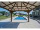 View from inside the gazebo to the rectangular pool, patio and backyard at 12988 Fernie Cir, Fishers, IN 46037