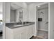 Well-lit bathroom with double sinks, gray countertop, and a closet at 15206 Swallow Falls Way, Fishers, IN 46037