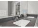 Close-up of bathroom double vanity with chrome faucets, light countertop and a decorative accent piece at 15206 Swallow Falls Way, Fishers, IN 46037
