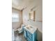 Compact bathroom with a blue vanity and modern fixtures at 831 Wallace Ave, Indianapolis, IN 46201