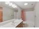 Bright bathroom features a large vanity, ample lighting, and a shower-tub combo with decorative curtain at 8939 Spider Bay Ct, Indianapolis, IN 46236