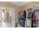 Well-organized walk-in closet adjacent to bathroom, featuring ample storage and convenient access at 9877 Wading Crane Ave, Fishers, IN 46055