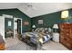 A main bedroom featuring dark green walls, a vaulted ceiling, and an ensuite bathroom at 11247 Reflection Point Dr, Fishers, IN 46037