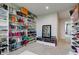 Spacious walk-in closet has custom built-in shelving, carpeting, and recessed lighting at 13872 N Mardenis W Dr, Camby, IN 46113