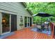 Back deck features a patio table, chairs and umbrella, creating a relaxing outdoor retreat at 2143 Sunderland Dr, Martinsville, IN 46151