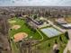 High angle aerial shot of the sports complex, a short walk from the available home at 310 W Staat St, Fortville, IN 46040