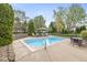Backyard pool area complete with lounge seating, dining table, mature landscaping, and recreation space at 7259 Josiah Ct, Indianapolis, IN 46259