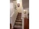 Carpeted staircase with white banister and walls is decorated with floral artwork at 8744 N Aspen Way, McCordsville, IN 46055