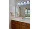 Bathroom vanity featuring a solid surface top, wood cabinets and a large mirror reflecting the bedroom at 10949 Harness Way, Indianapolis, IN 46239